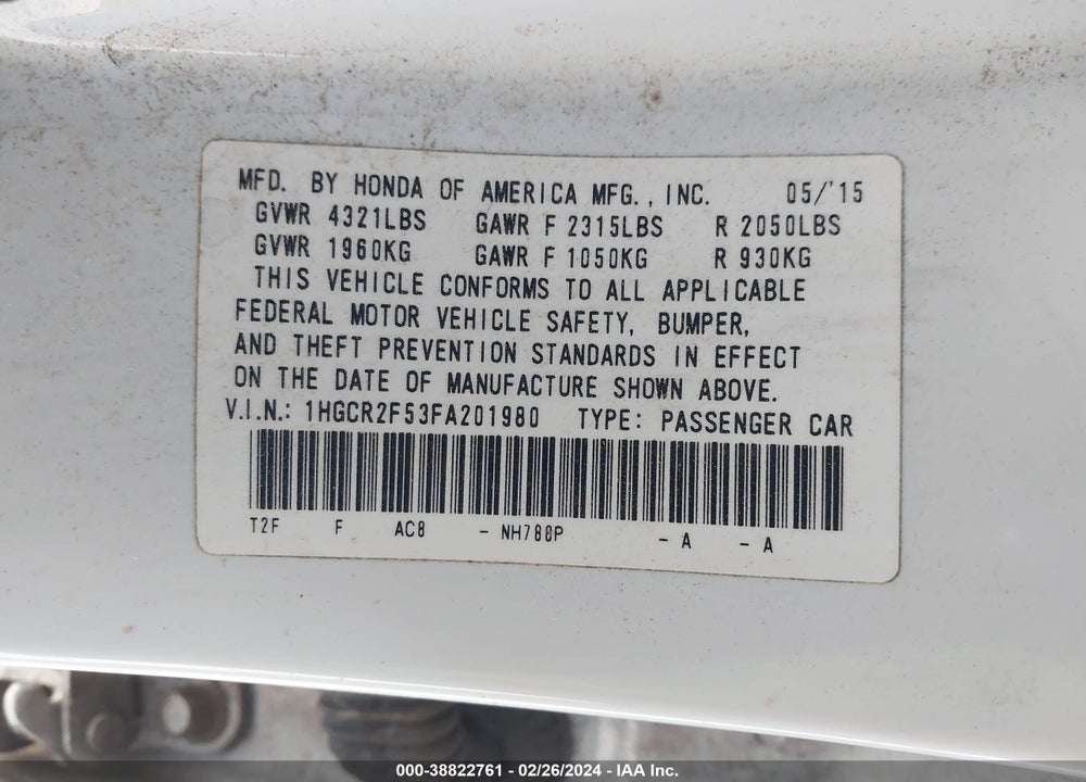 2015 HONDA ACCORD VIN: 1HGCR2F53FA201980