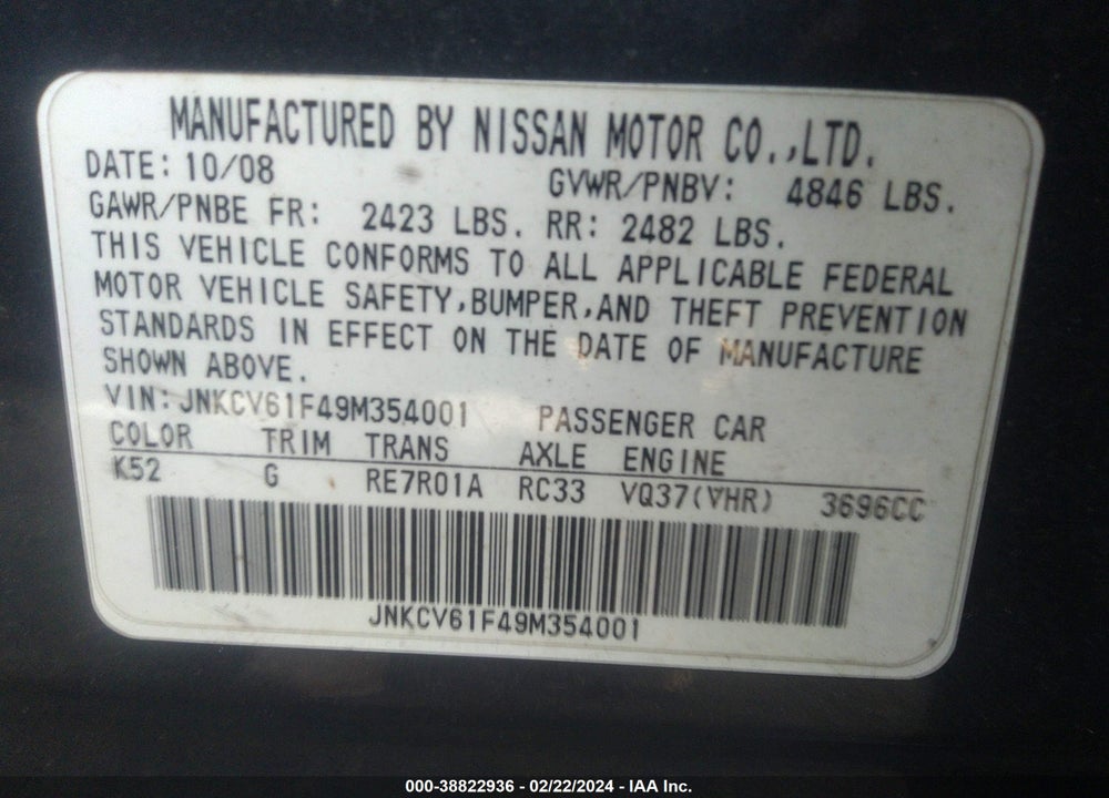 2009 INFINITI G37X VIN: JNKCV61F49M354001