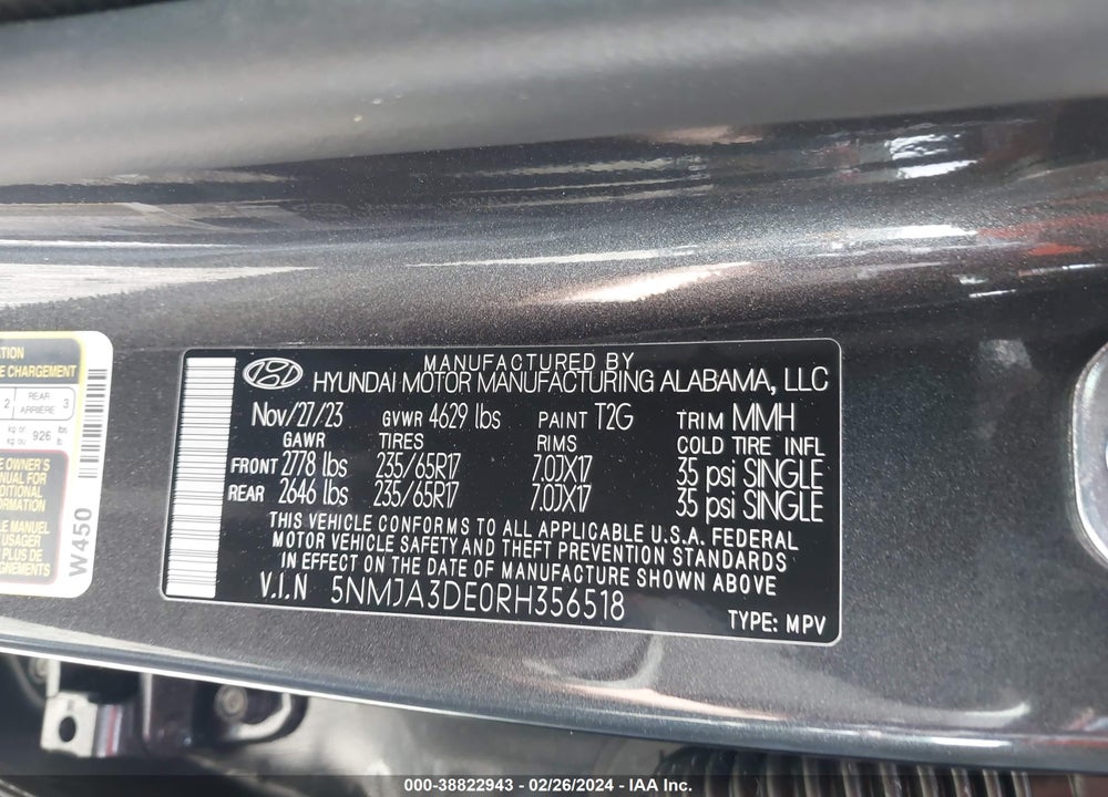2024 HYUNDAI TUCSON SE VIN: 5NMJA3DE0RH356518