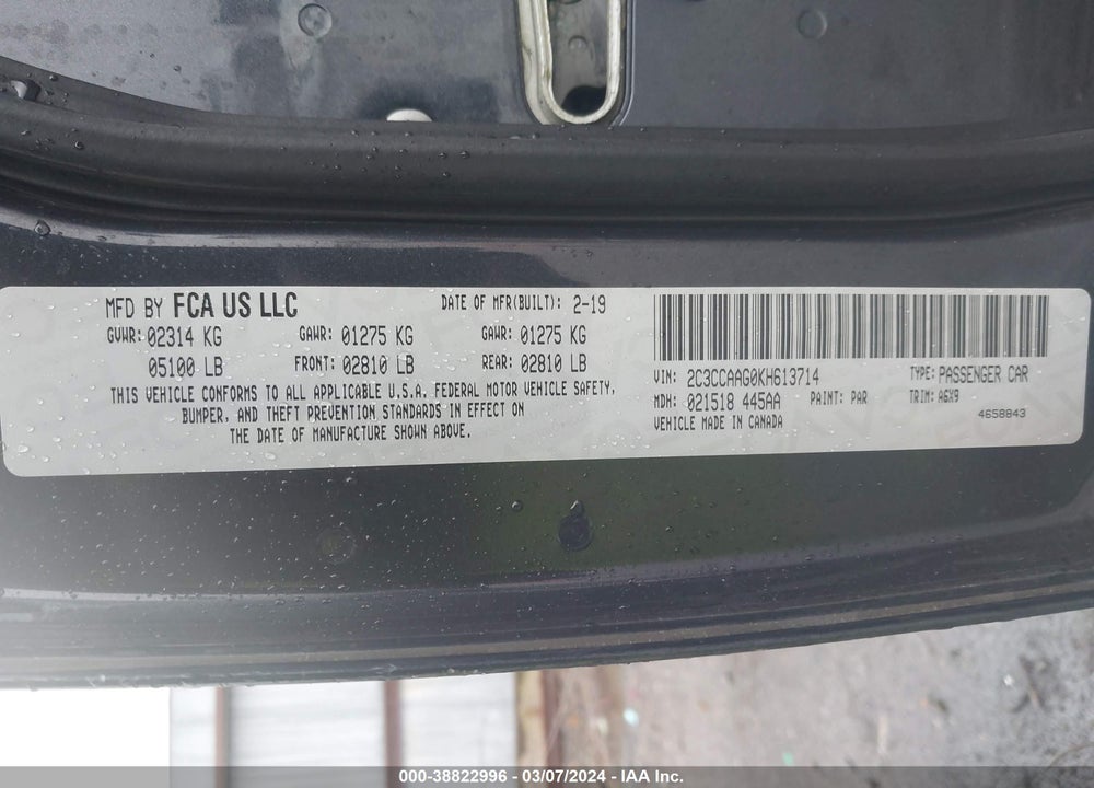 2019 CHRYSLER 300 TOURING L VIN: 2C3CCAAG0KH613714