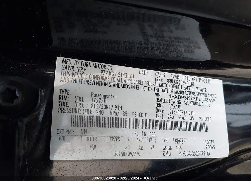 2015 FORD FOCUS SE VIN: 1FADP3K2XFL338418