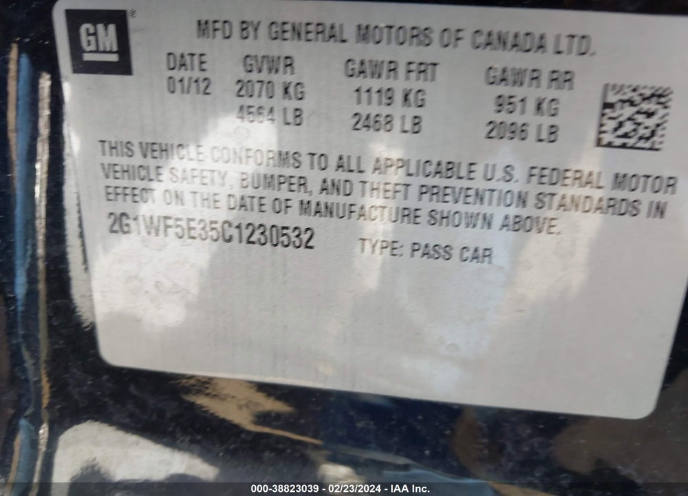 2012 CHEVROLET IMPALA LS VIN: 2G1WF5E35C1230532
