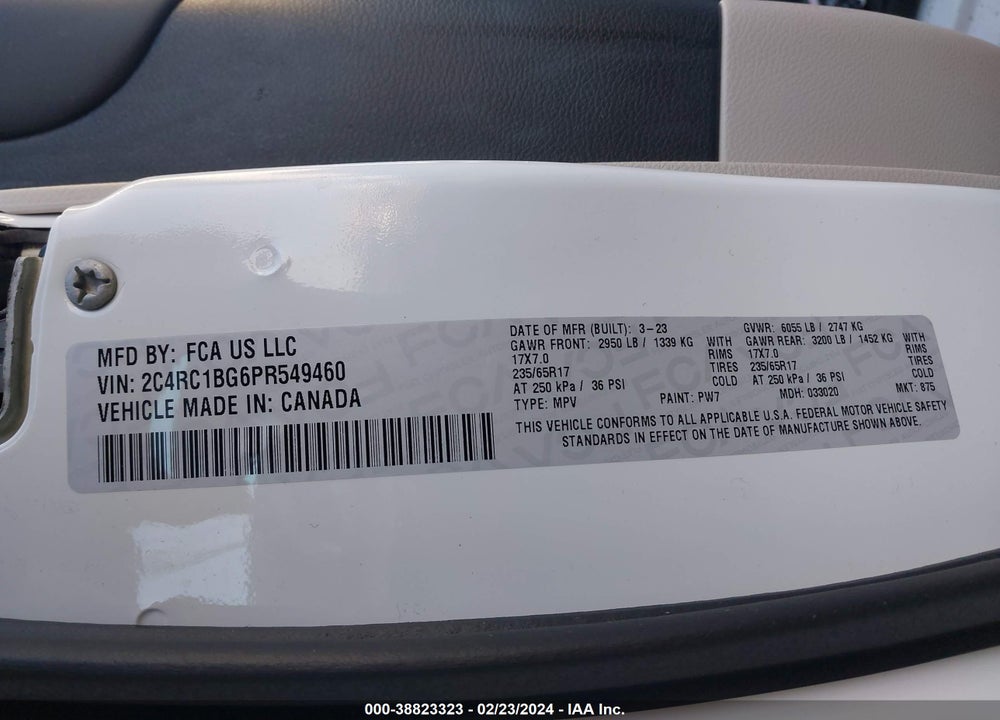2023 CHRYSLER PACIFICA TOURING L VIN: 2C4RC1BG6PR549460