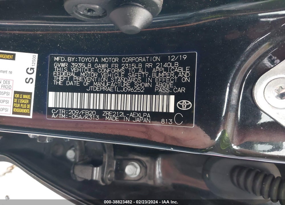 2020 TOYOTA COROLLA LE VIN: JTDEPRAE1LJ096252