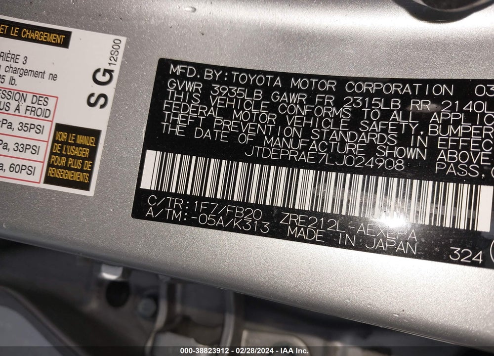 2020 TOYOTA COROLLA LE VIN: JTDEPRAE7LJ024908