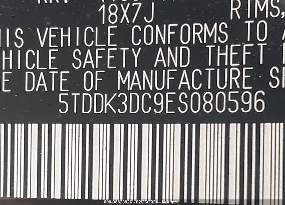 2014 TOYOTA SIENNA XLE 7 PASSENGER VIN: 5TDDK3DC9ES080596