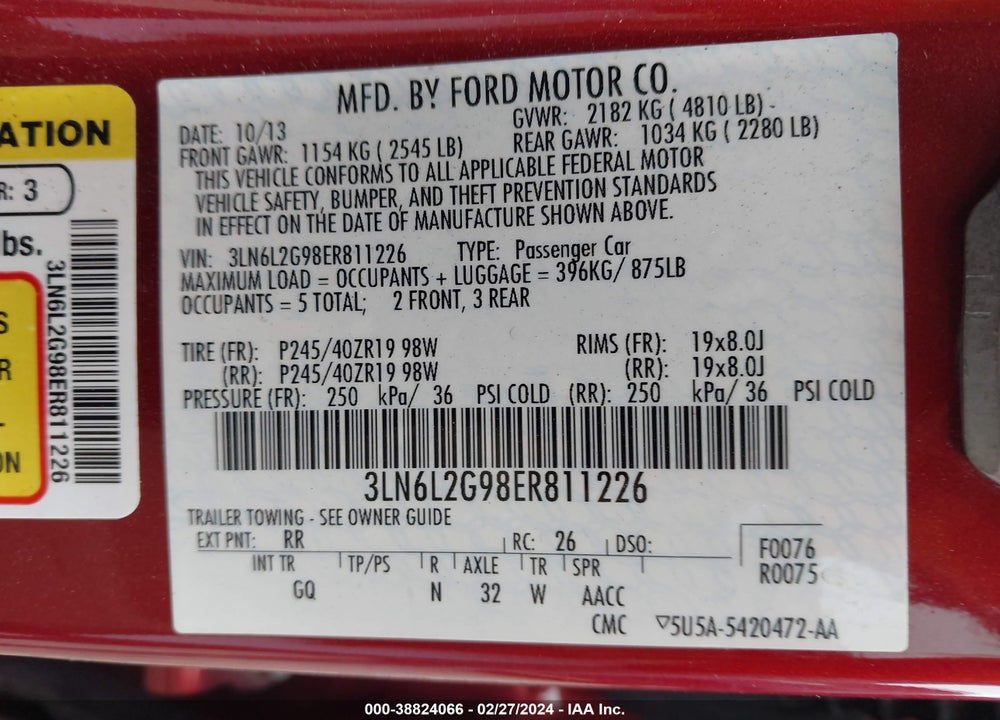 2014 LINCOLN MKZ VIN: 3LN6L2G98ER811226