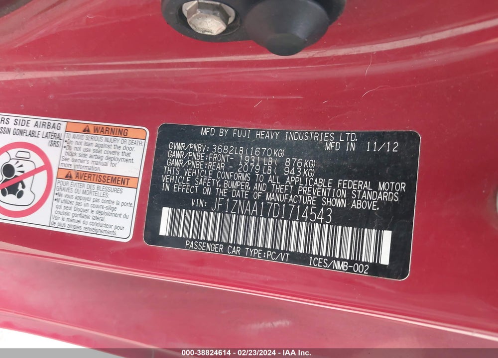 2013 TOYOTA SCION FR-S VIN: JF1ZNAA17D1714543