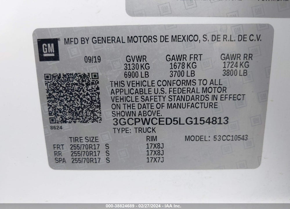 2020 CHEVROLET SILVERADO 1500 2WD SHORT BED LT VIN: 3GCPWCED5LG154813