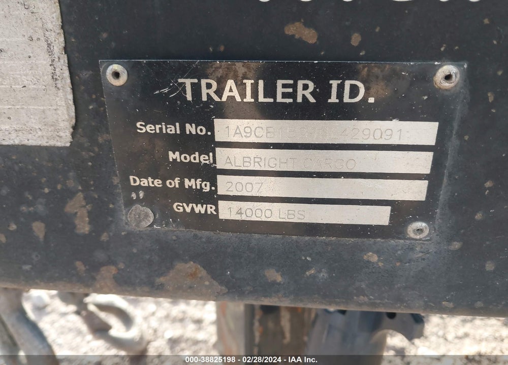 2007 ALBRIGHT CARGO RAILER VIN: 1A9CB15296B429091