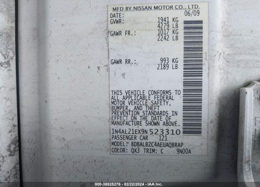 2009 NISSAN ALTIMA 2.5 S VIN: 1N4AL21EX9N523310