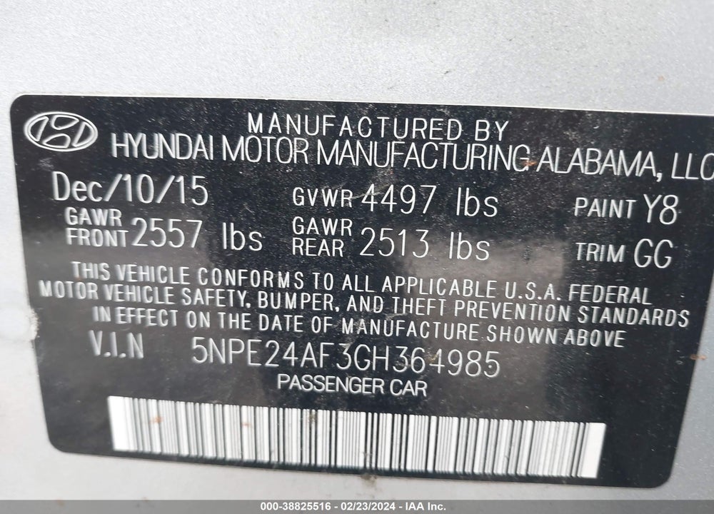 2016 HYUNDAI SONATA SE VIN: 5NPE24AF3GH364985