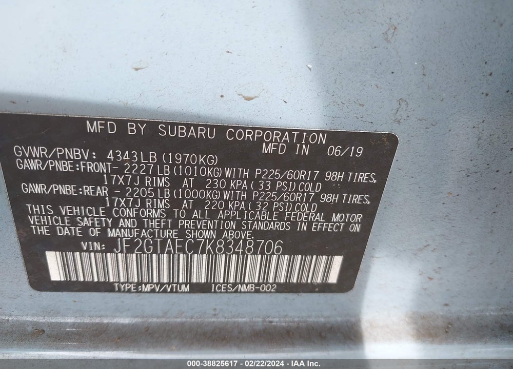2019 SUBARU CROSSTREK 2.0I PREMIUM VIN: JF2GTAEC7K8348706