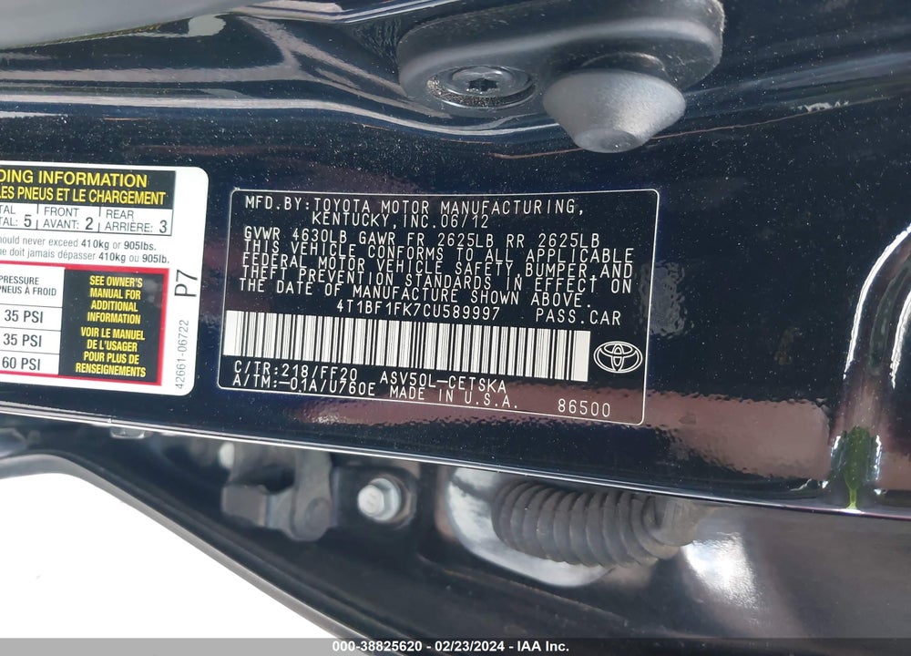 2012 TOYOTA CAMRY SE VIN: 4T1BF1FK7CU589997