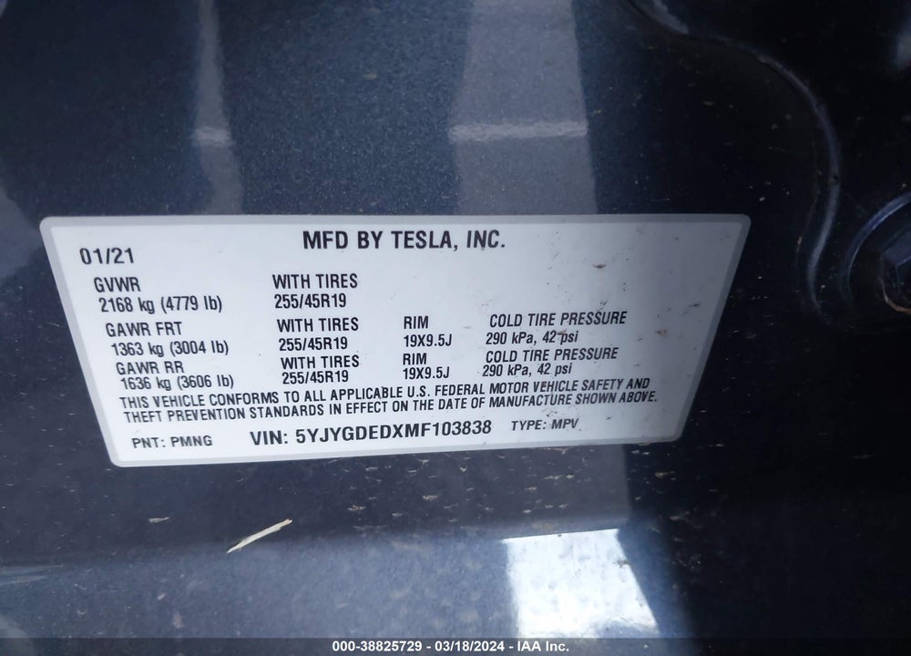 2021 TESLA MODEL Y STANDARD RANGE REAR-WHEEL DRIVE VIN: 5YJYGDEDXMF103838