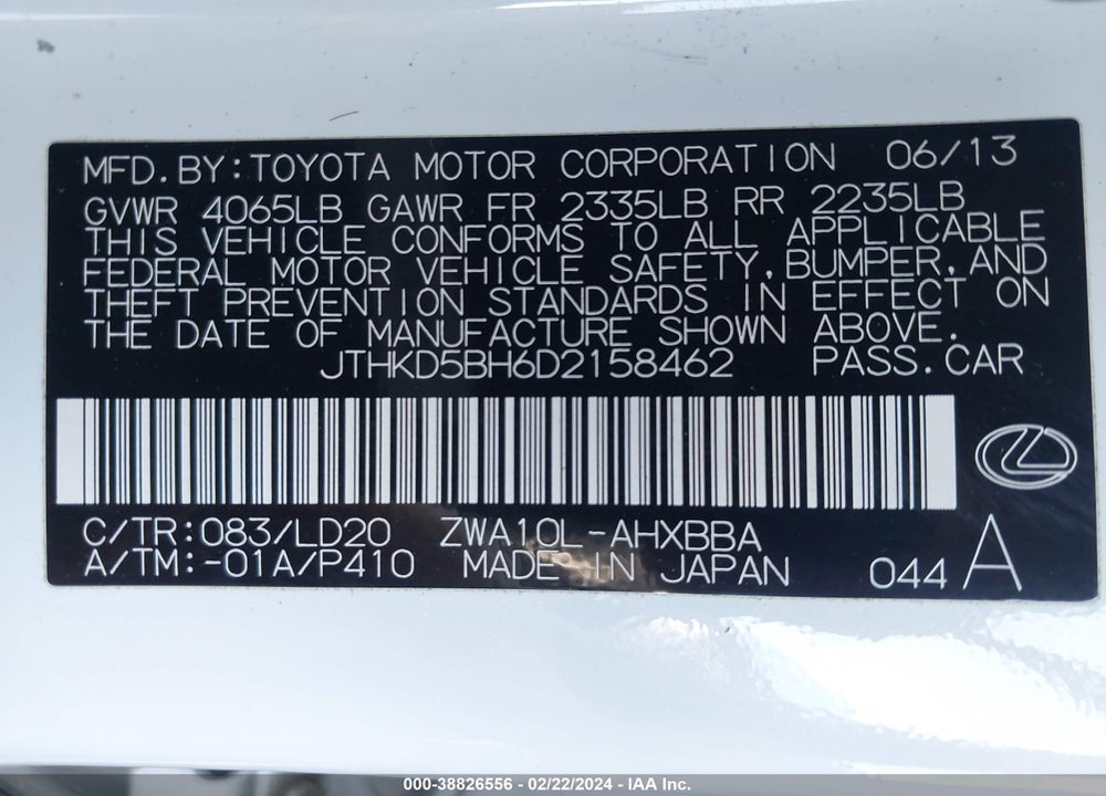 2013 LEXUS CT 200H VIN: JTHKD5BH6D2158462