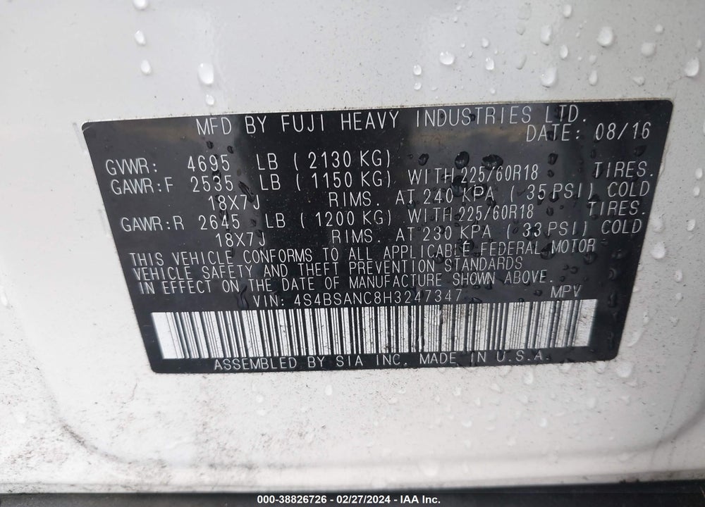 2017 SUBARU OUTBACK 2.5I LIMITED VIN: 4S4BSANC8H3247347