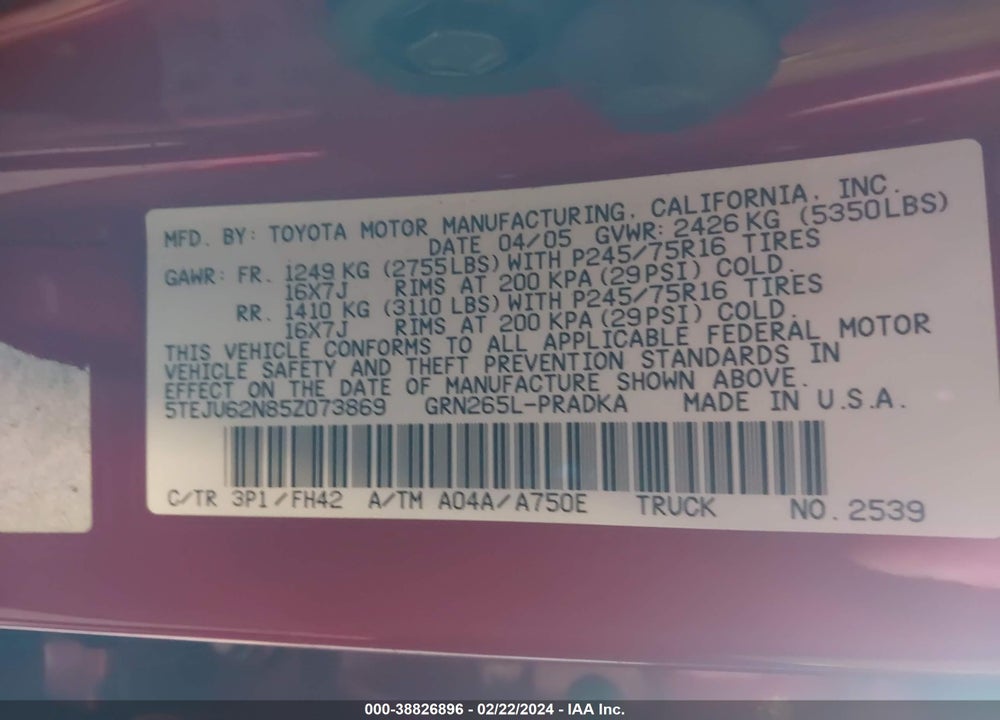 2005 TOYOTA TACOMA PRERUNNER V6 VIN: 5TEJU62N85Z073869