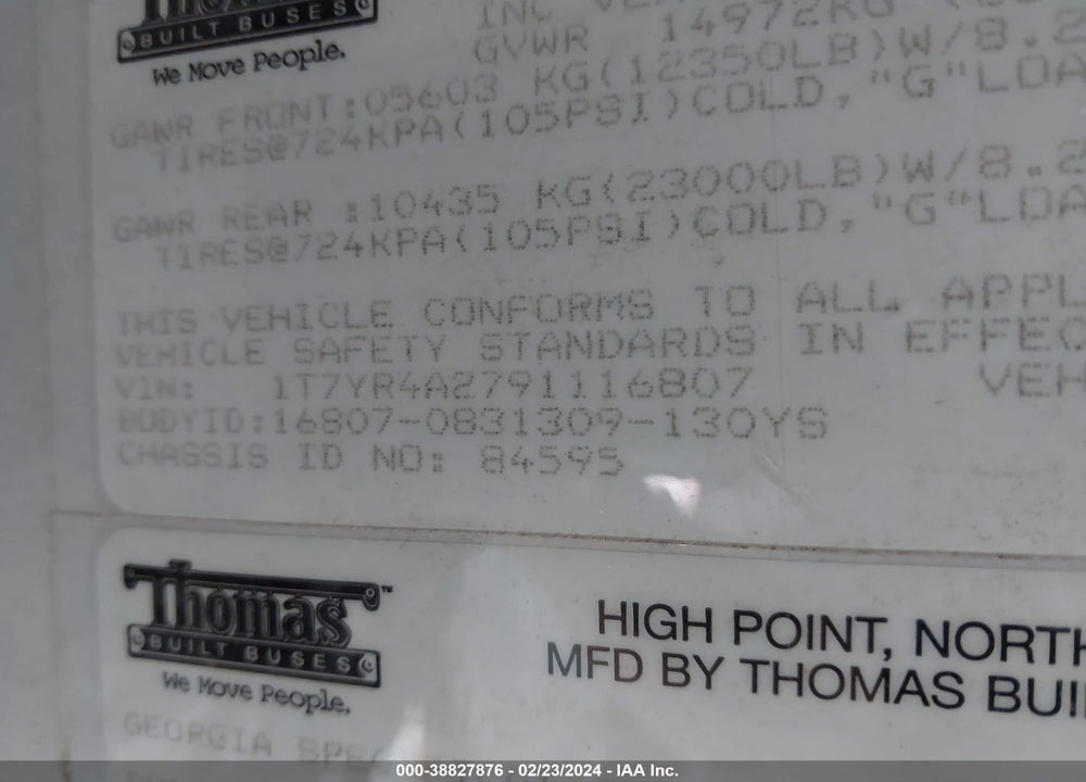 2009 THOMAS SCHOOL BUS VIN: 1T7YR4A2791116807