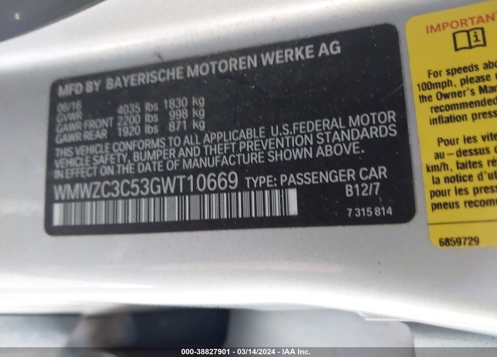 2016 MINI COUNTRYMAN COOPER S VIN: WMWZC3C53GWT10669