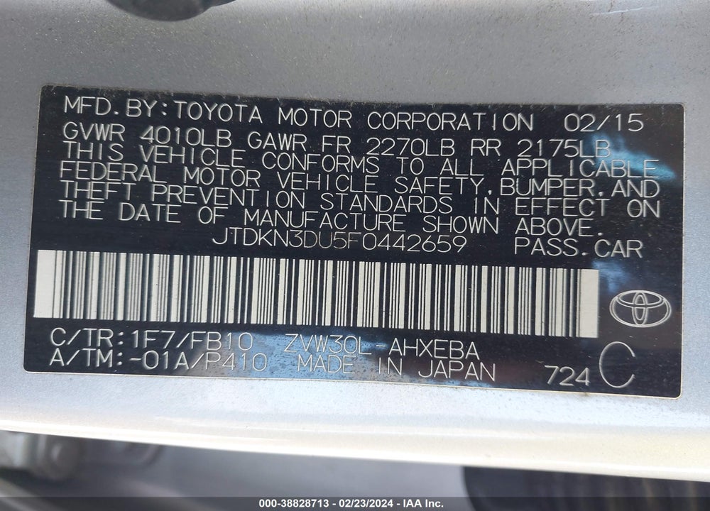 2015 TOYOTA PRIUS TWO VIN: JTDKN3DU5F0442659