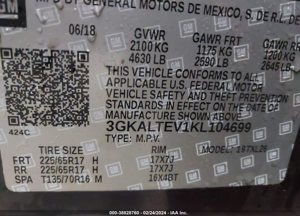 2019 GMC TERRAIN SLE VIN: 3GKALTEV1KL104699