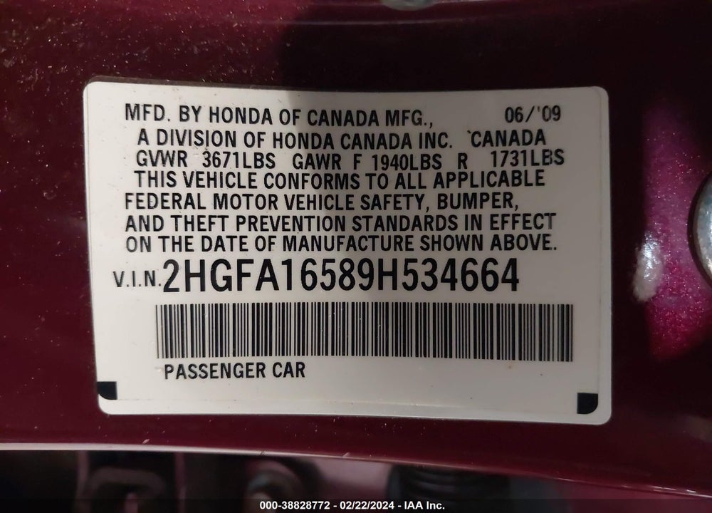 2009 HONDA CIVIC LX VIN: 2HGFA16589H534664