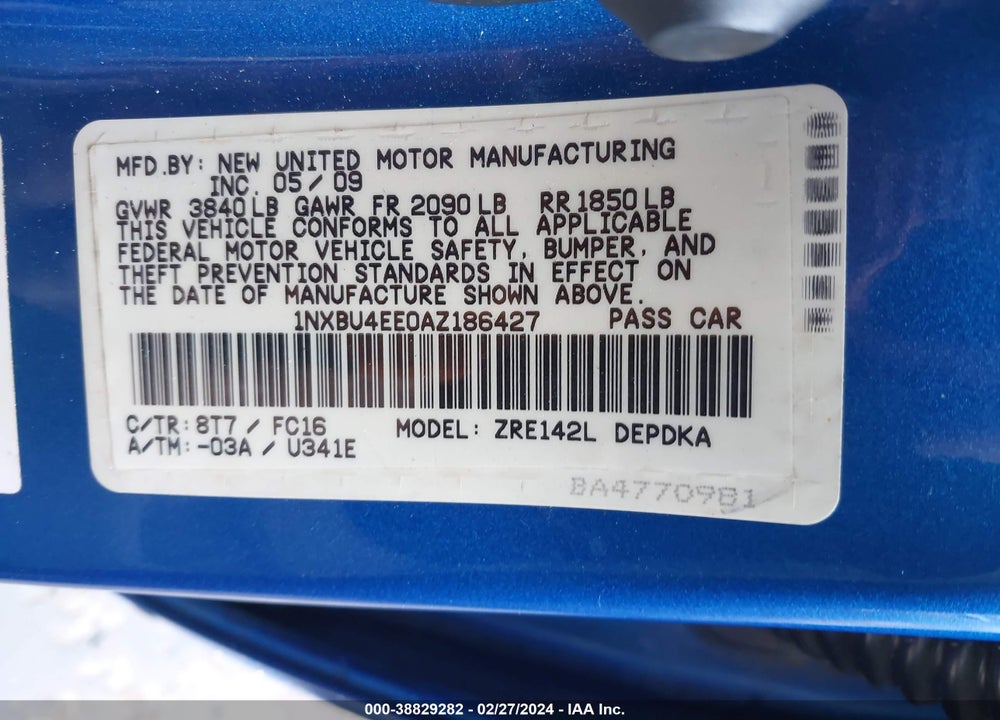 2010 TOYOTA COROLLA LE VIN: 1NXBU4EE0AZ186427