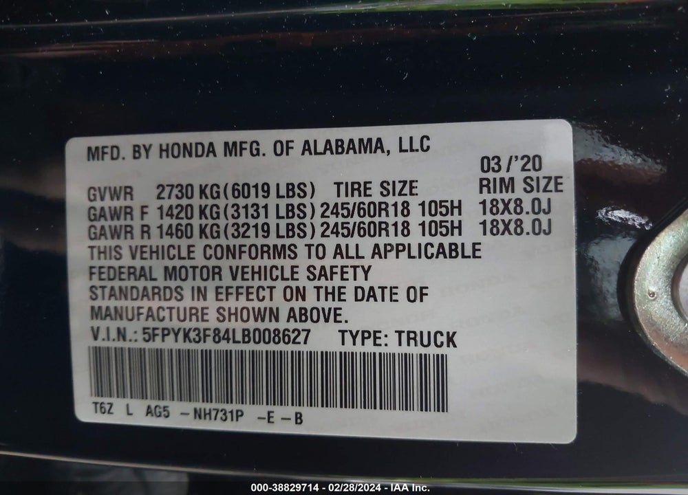2020 HONDA RIDGELINE BLACK EDITION VIN: 5FPYK3F84LB008627