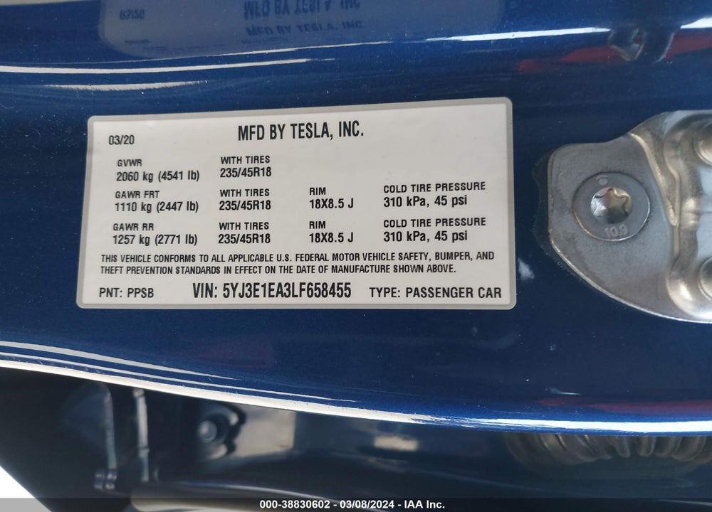 2020 TESLA MODEL 3 STANDARD RANGE PLUS REAR-WHEEL DRIVE/STANDARD RANGE REAR-WHEEL DRIVE VIN: 5YJ3E1EA3LF658455