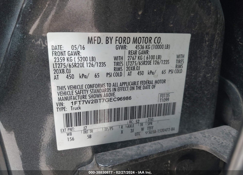 2016 FORD F-250 LARIAT VIN: 1FT7W2BT7GEC96986