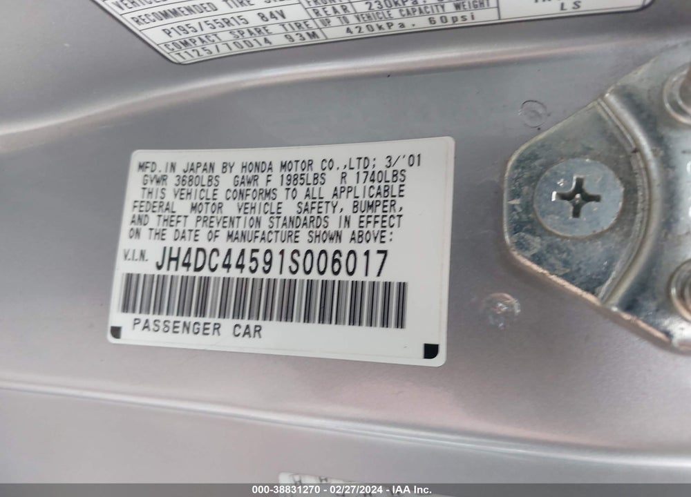 2001 ACURA INTEGRA LS VIN: JH4DC44591S006017