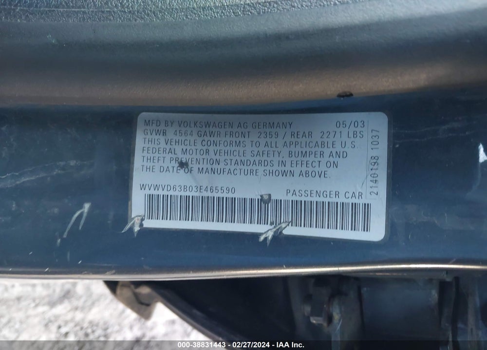2003 VOLKSWAGEN PASSAT GLS VIN: WVWVD63B03E465590