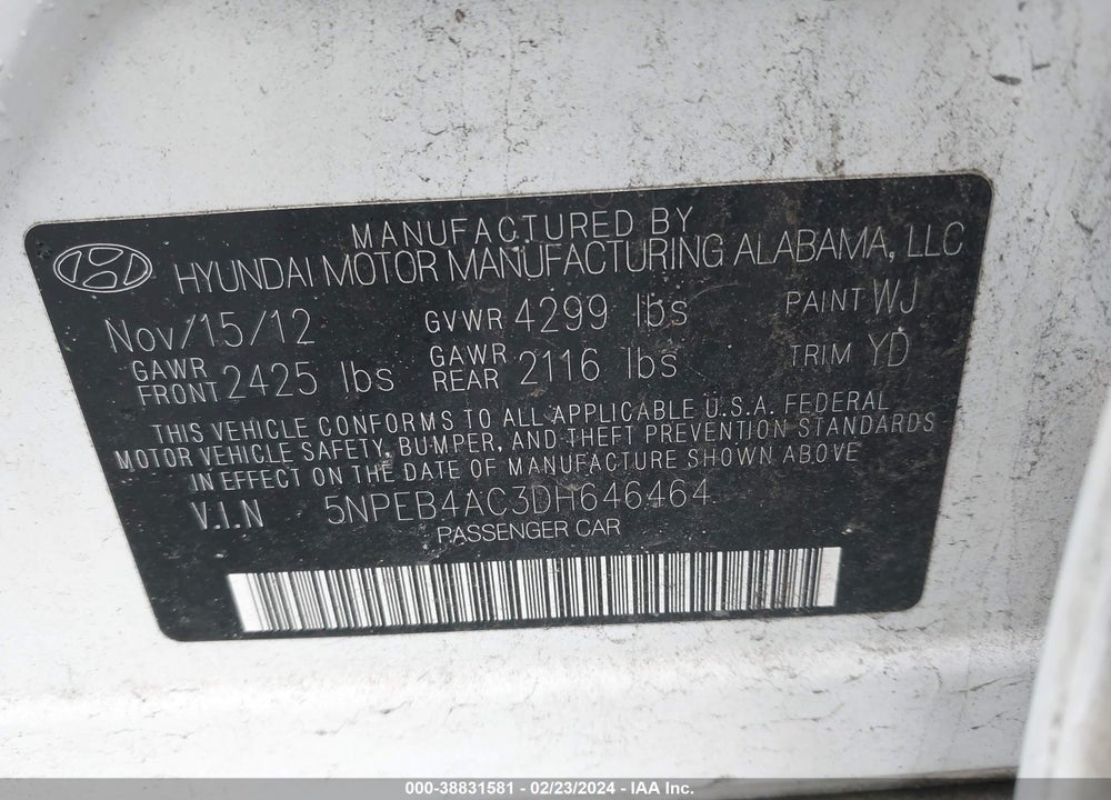 2013 HYUNDAI SONATA GLS VIN: 5NPEB4AC3DH646464