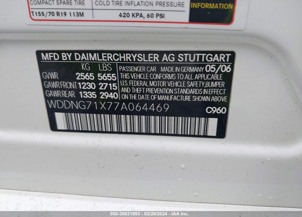 2007 MERCEDES-BENZ S 550 VIN: WDDNG71X77A064469
