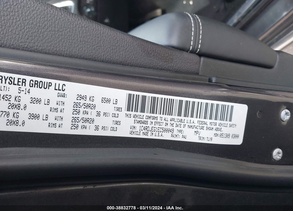 2014 DODGE DURANGO CITADEL VIN: 1C4RDJEG1EC500049