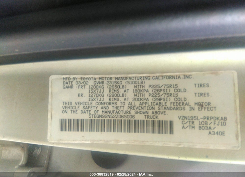 2002 TOYOTA TACOMA PRERUNNER V6 VIN: 5TEGN92N52Z065006
