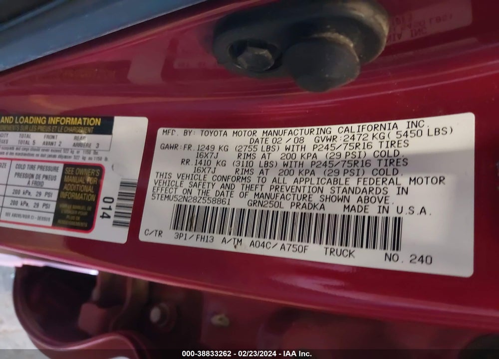2008 TOYOTA TACOMA VIN: 5TEMU52N28Z558861