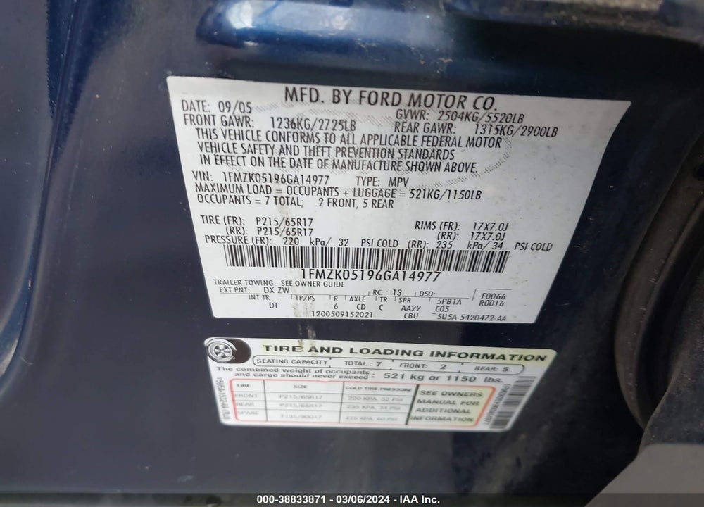 2006 FORD FREESTYLE SEL VIN: 1FMZK05196GA14977