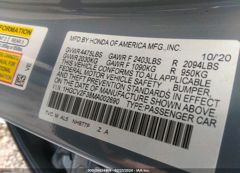 2021 HONDA ACCORD SPORT 2.0T VIN: 1HGCV2F38MA002690