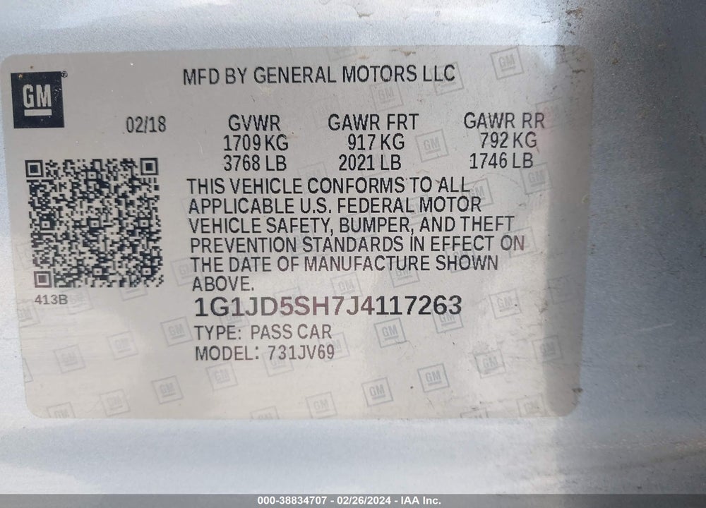 2018 CHEVROLET SONIC LT AUTO VIN: 1G1JD5SH7J4117263