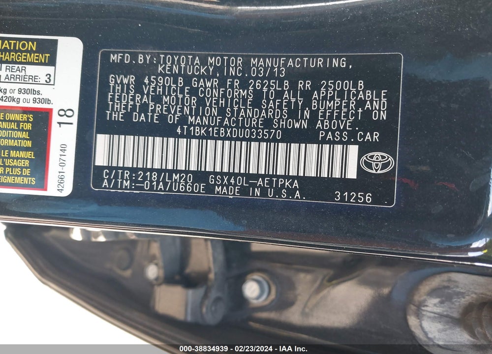 2013 TOYOTA AVALON VIN: 4T1BK1EBXDU033570