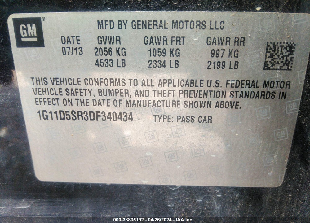 2013 CHEVROLET MALIBU ECO VIN: 1G11D5SR3DF340434