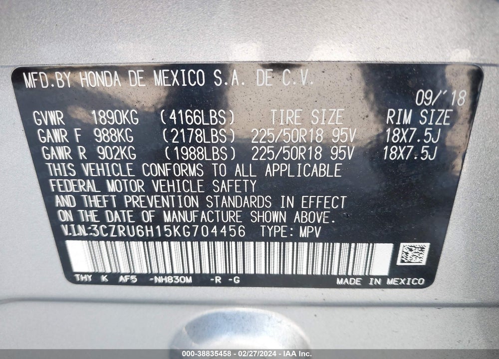 2019 HONDA HR-V SPORT VIN: 3CZRU6H15KG704456