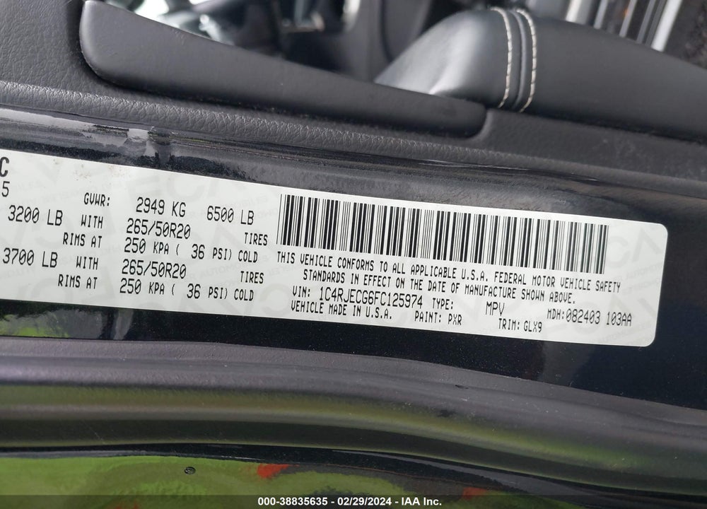 2015 JEEP GRAND CHEROKEE OVERLAND VIN: 1C4RJECG6FC125974