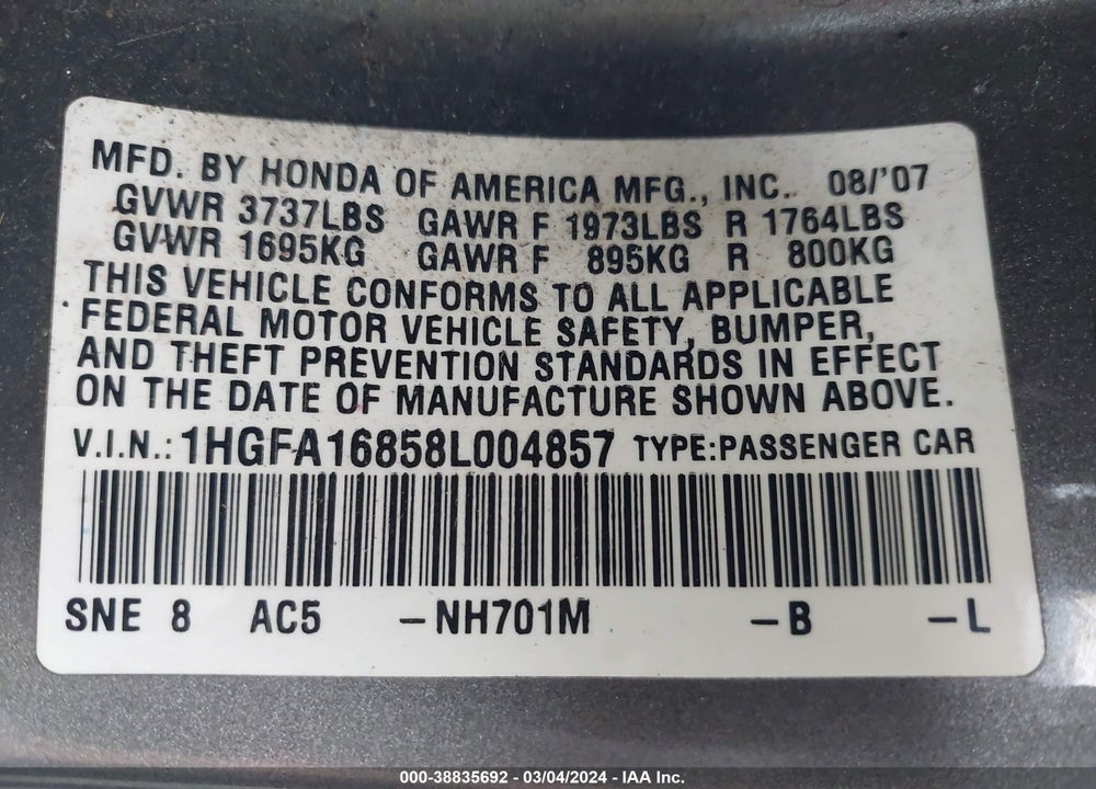 2008 HONDA CIVIC VIN: 1HGFA16858L004857