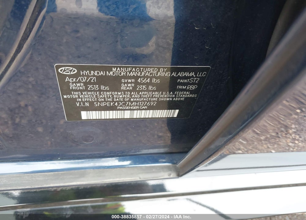 2021 HYUNDAI SONATA VIN: 5NPEK4JC7MH127692