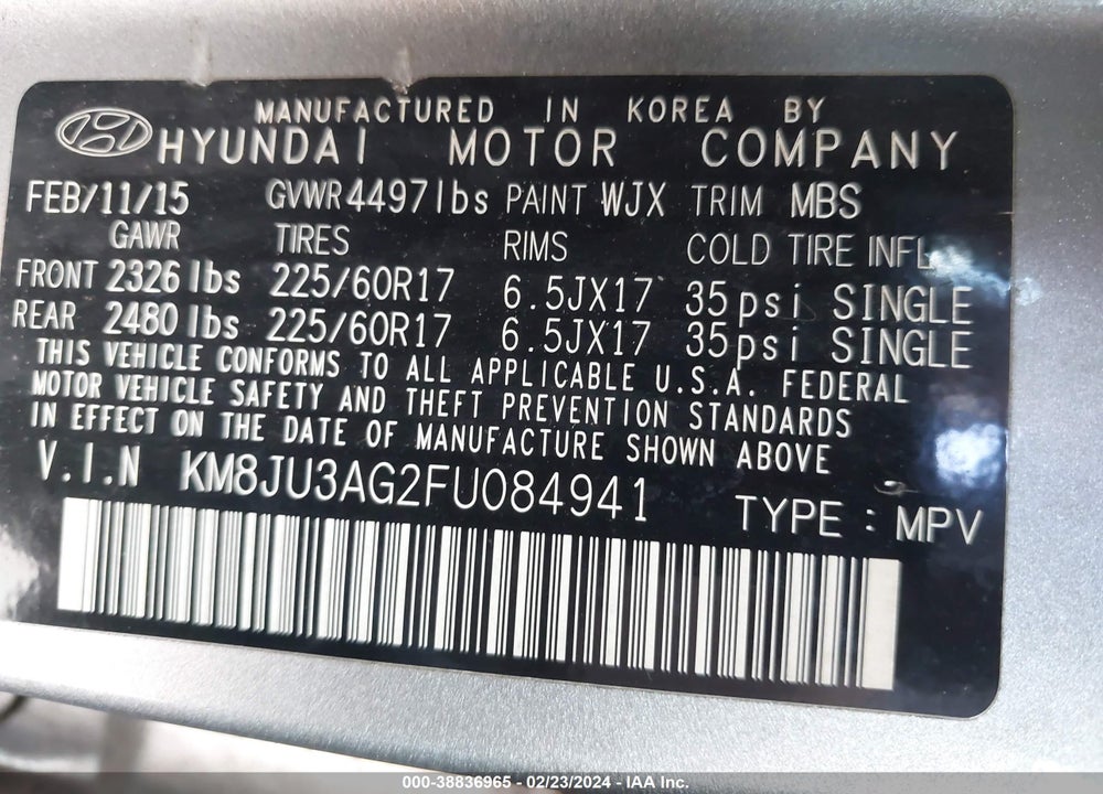 2015 HYUNDAI TUCSON SE VIN: KM8JU3AG2FU084941