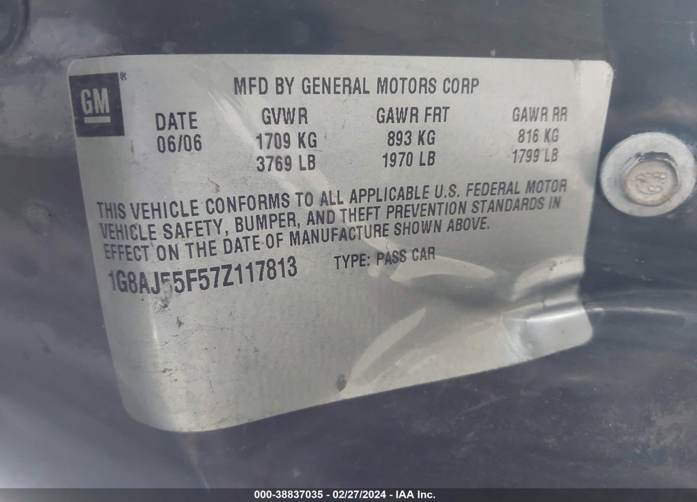 2007 SATURN ION VIN: 1G8AJ55F57Z117813