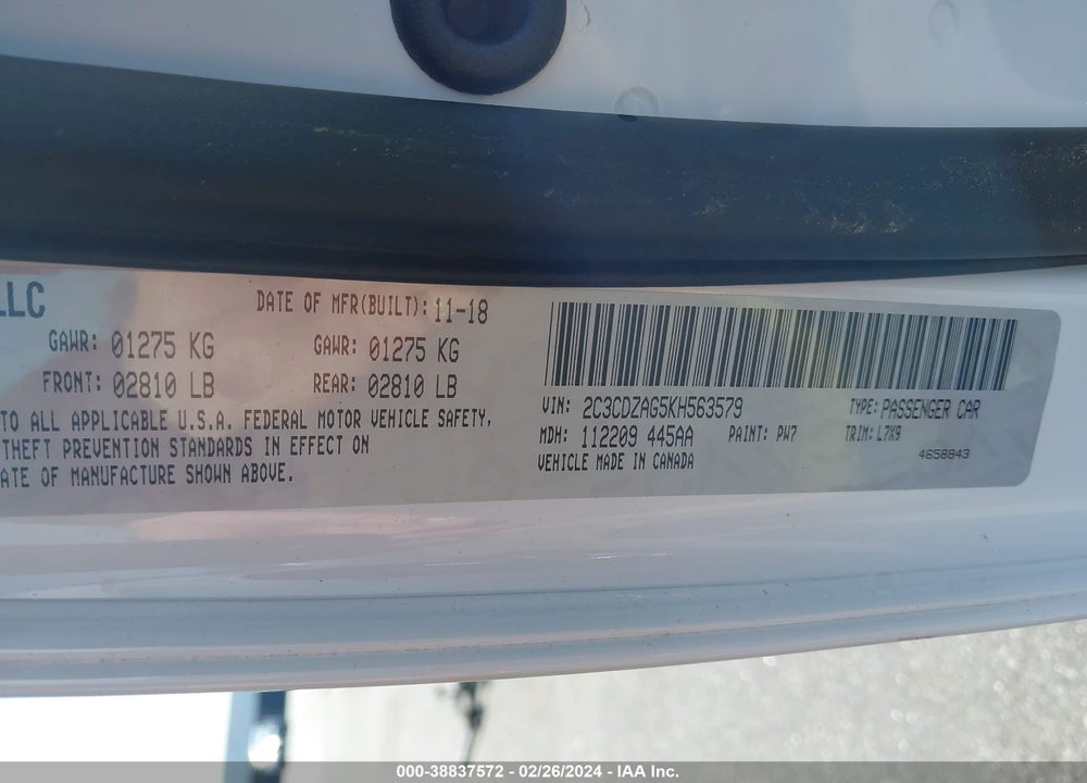 2019 DODGE CHALLENGER SXT VIN: 2C3CDZAG5KH563579